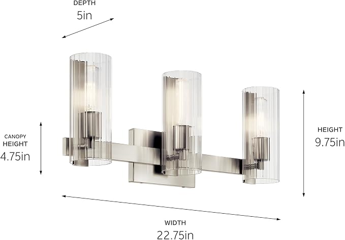 Kichler Jemsa 3-Light Bathroom Vanity Light, Brushed Nickel | Modern vanity light with clear fluted glass for bathrooms and powder rooms (22.75" x 9.75"), 55168NI