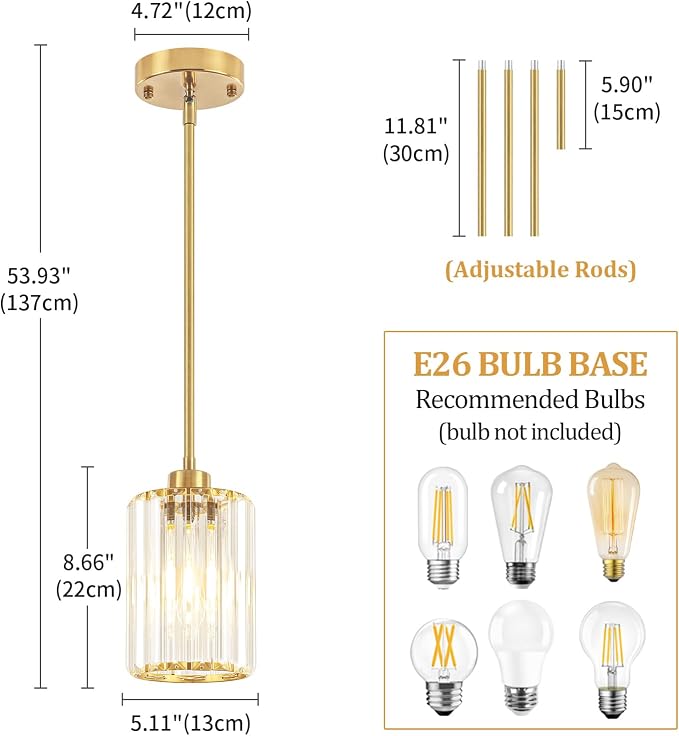 3 Pack Brushed Brass Pendant Lights Over Island Kitchen Light Fixture | Adjustable Height Hallway Ceiling Lights, Modern Crystal Hanging Pendant Lighting for Dining Room Bathroom Above Sink