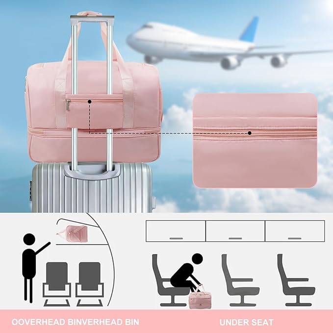 Carry On Travel Duffel Bag for Women & Men,Overnight Weekender Bag with Shoe Compartment,Trolley Sleeve and Adjustable Shoulder Strap,Business & Weekend Travel,Gym,Sports,Yoga & Dance (Pink)