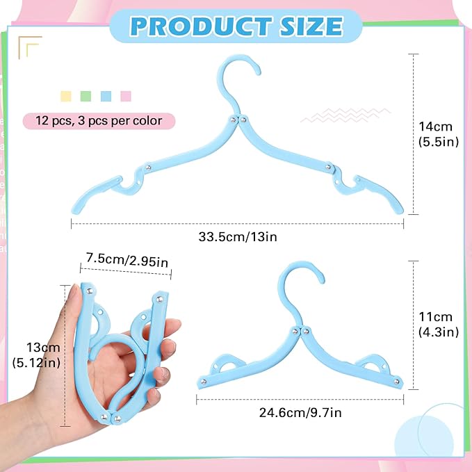 Teenyyou 12 Pcs Travel Hangers Cruise Ship Essentials Foldable Portable Plastic Vacation Hangers Non Slip Clothes Drying Rack Travel Accessories for Hotel Dormitory School Laundry(Macaron Color)