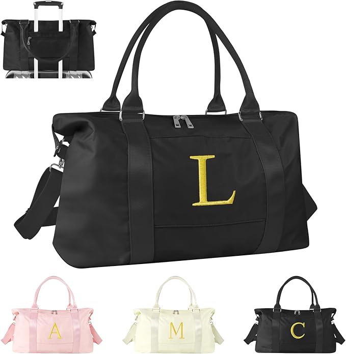 Personalized Initial Gym Dance Bag, Travel Duffel Bag for Teen Girls, Carry On Bag Overnight Weekender Bag with Trolley Sleeve, Birthday Gifts for Women Mom Daughter Graduation Gift(Letter L, Black)