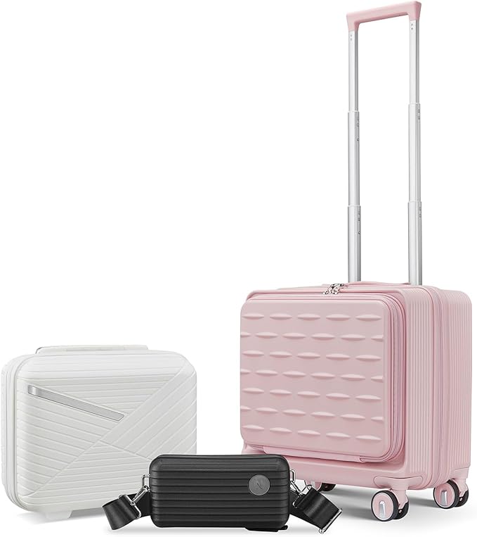 3 Piece Luggage Set 16 Inch Carry On with Front Opening, Expandable PC Hardshell Suitcase with 14" Cosmetic Case & Handbag, Lightweight Underseat Rolling Luggage with TSA Lock & PVC Cover