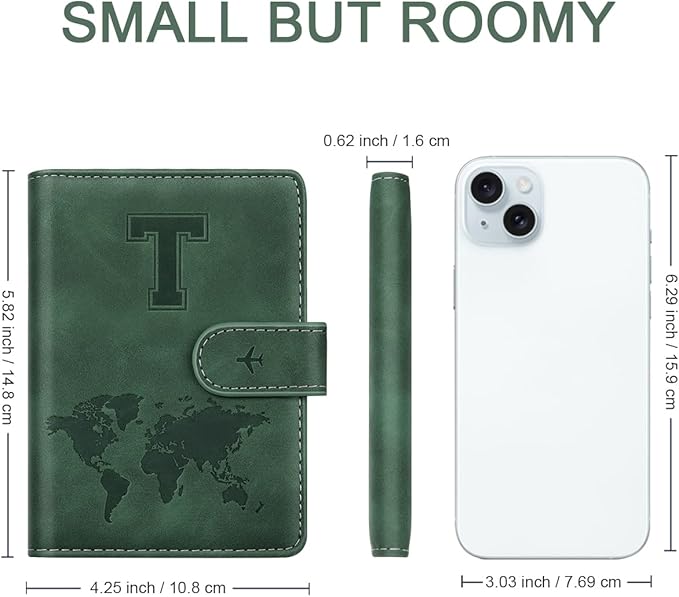 Personalized T Passport Holder Cover Initial Letter Travel Wallet RFID Blocking Passport Cover Credit Card Holder Case Passport Book Holders for Women and Men, Pine Green-T