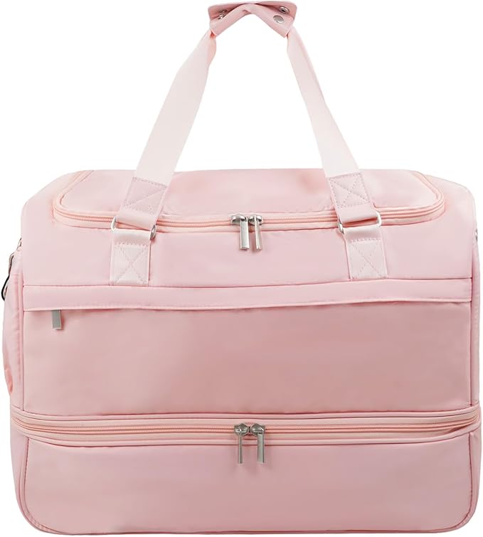 Carry On Travel Duffel Bag for Women & Men,Overnight Weekender Bag with Shoe Compartment,Trolley Sleeve and Adjustable Shoulder Strap,Business & Weekend Travel,Gym,Sports,Yoga & Dance (Pink)