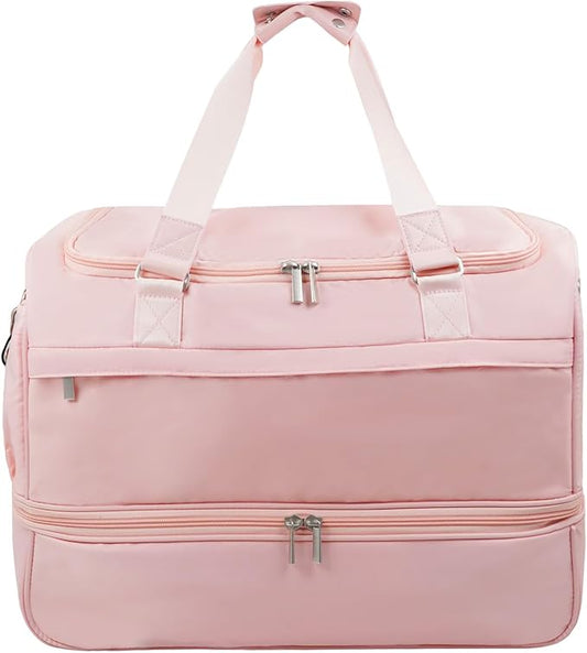 Carry On Travel Duffel Bag for Women & Men,Overnight Weekender Bag with Shoe Compartment,Trolley Sleeve and Adjustable Shoulder Strap,Business & Weekend Travel,Gym,Sports,Yoga & Dance (Pink)