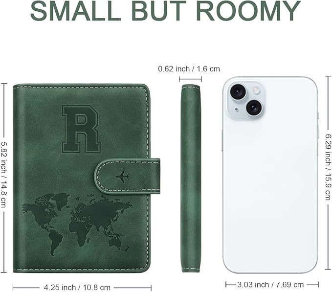 Personalized R Passport Holder Cover Initial Letter Travel Wallet RFID Blocking Passport Cover Credit Card Holder Case Passport Book Holders for Women and Men, Pine Green-R