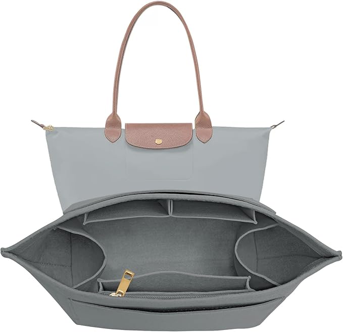LOUKAYCCI Purse Organizer Insert for Longchamp Le Pliage L Handbag Insert Felt Long Champ Tote Bag Organizer Insert with Cup (LightGrey, Large)