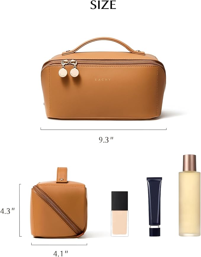 EACHY Travel Makeup Bag, Large Capacity Cosmetic Bag for Women, Waterproof PU Leather, Flat Open Portable Toiletry Bag for Skincare, Brushes & Travel Essentials