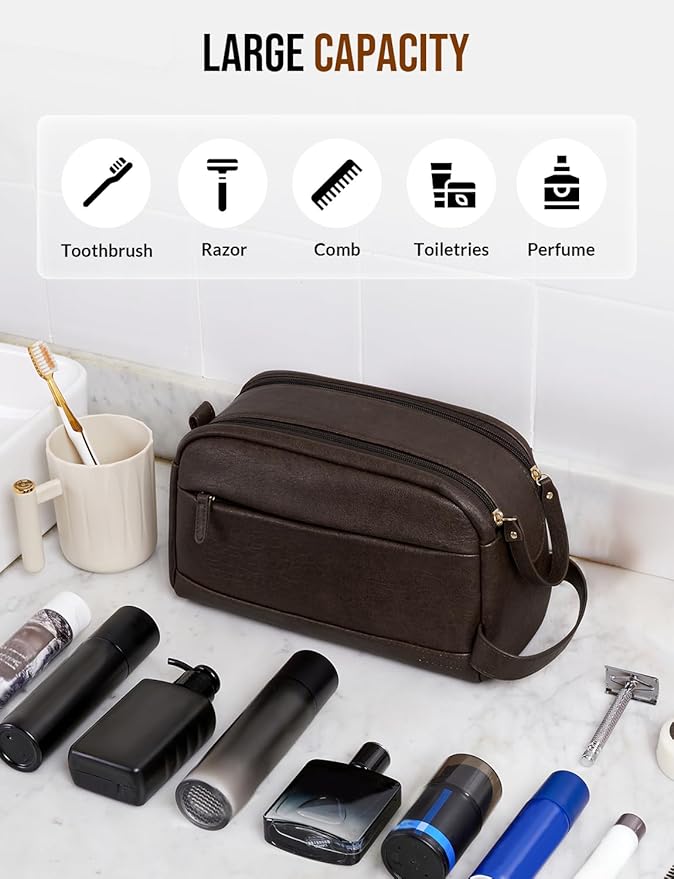 PU Leather Toiletry Bag for Men - Water Resistant Travel Bag for Toiletries, Bathroom Essentials, Accessories - Dark Brown
