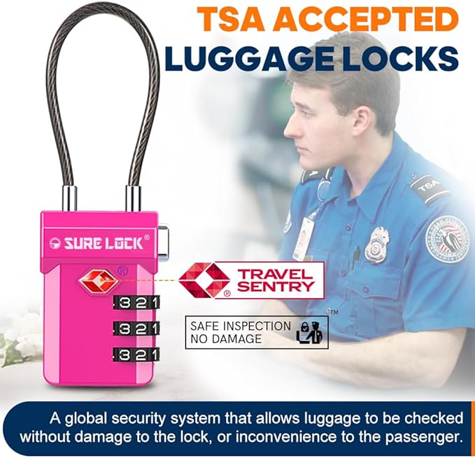 SURE LOCK TSA Approved Luggage Locks – 3-Digit Combination Cable Lock with Red Indicator, Large Dial & Easy-Press Button for Suitcases and Backpacks – Multi-Pack & Color Options