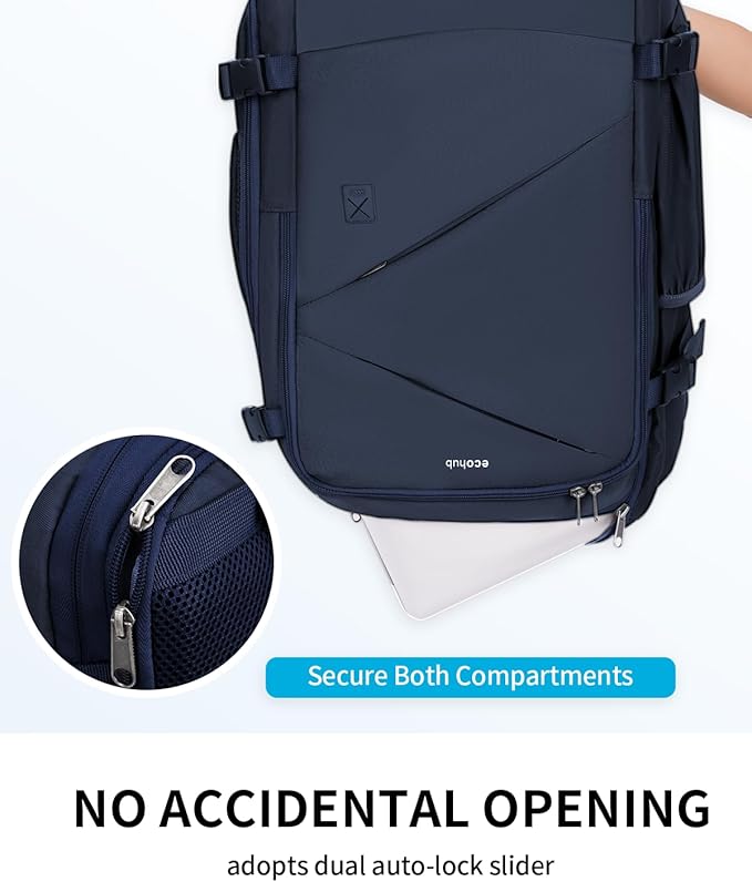 ECOHUB Carry On Travel Backpack, Expandable Airlines Personal Item Bag 18x14x8, Water Resistant 17 inch Laptop Backpack Flight Approved, 12 Pockets 30L Work Backpacks with Wet Pocket Cable Slot, Blue