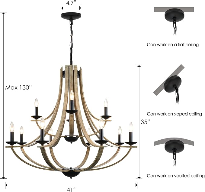 LAMPKEDUO Farmhouse Chandeliers for Dining Room Light Fixture, 2 Tier 12-Light 41" Adjustable Height Retro Faux Wood Texture Rustic Light Fixtures for Living Room Bedroom Kitchen Island Foyer Entryway