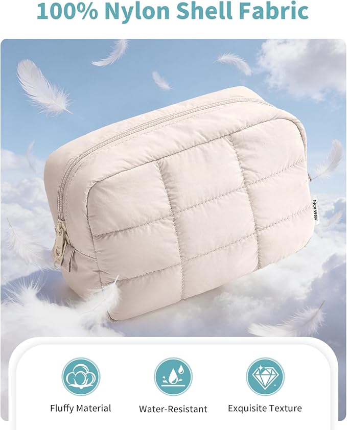 Narwey Puffer Travel Makeup Bag for Women Girl, Quilted Puffy Cosmetic Bag Make Up Bag Organizer, Cute Travel Toiletry Bag for Toiletries (Beige)