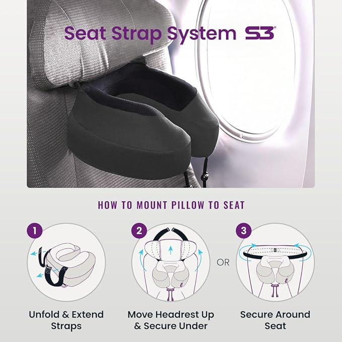 Cabeau Evolution S3 Travel Pillow - Memory Foam Neck Pillow for Airplane and Long Flights with Seat Straps for Head and Neck Support, 360 Degree Support (Steel Grey)