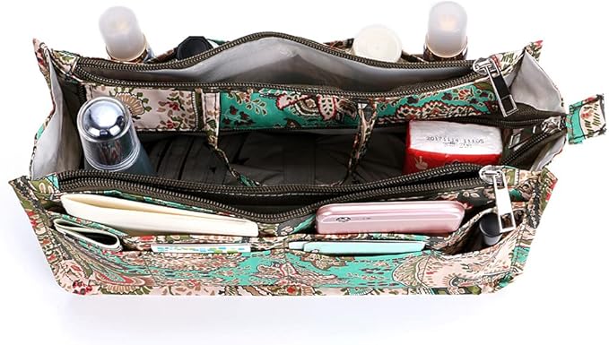 BTSKY New Printing Handbag Organizers Inside Purse Insert-High Capacity 13 Pockets Bag Tote Organizer with Handle Peacock Flower