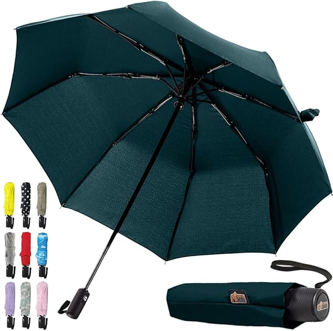 GORILLA GRIP Strong Windproof Stick Compact Umbrella for Rain, One-Click Automatic Open and Close, Durable Quick Dry Waterproof Material, Lightweight, Portable, Travel Size Fits Backpack, Hunter Green