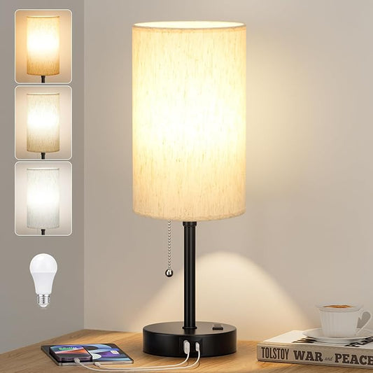Table Lamp for Bedroom - Pull Chain Desk Lamp with 3 Color Temperatures | E26 Bulb Included | USB C and A Ports | Cream Shade and Black Base | Bedside Lamp for Nightstand