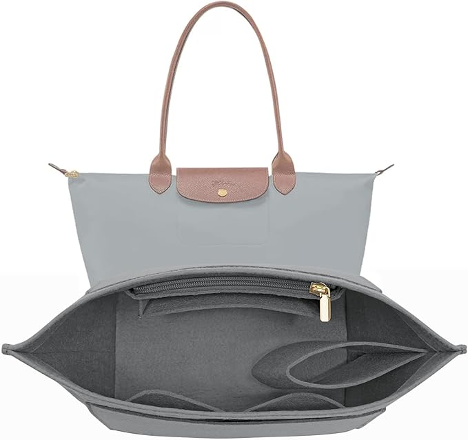 LOUKAYCCI Felt Purse Organizer Insert for Longchamp Le Pliage L Handbag Insert (Light Grey, Large)