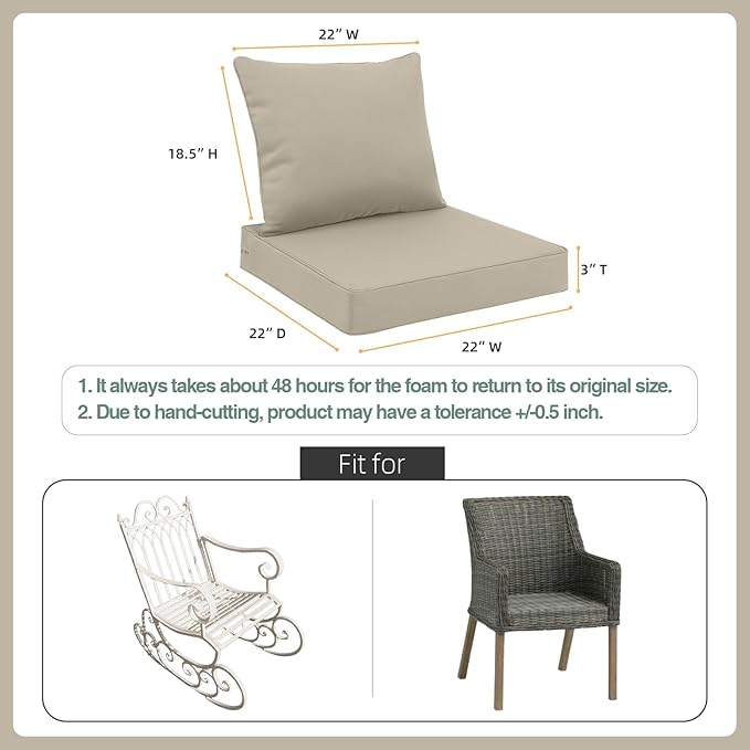 Favoyard Outdoor Seat Cushion Set 22 x 22 Inch Waterproof & Fade Resistant Patio Furniture Cushions with Removable Cover Deep Seat & Back Cushion with Tie Straps for Chair Sofa Couch