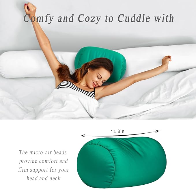 Squishy Microbead Neck Pillow, 7Inch x 12Inch Soft Travel Body Bed Pillow Bean Pillow for Kids Adult Chair Sleeping Car Seat, Fun Dormroom (Grass Green)