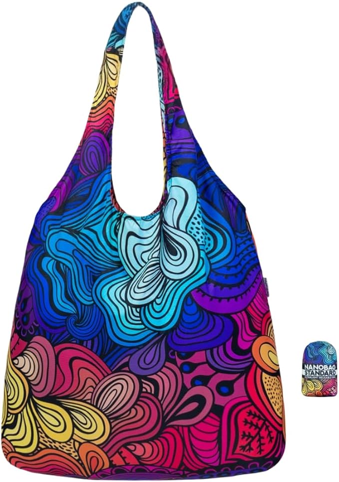Nanobag Ultralight Foldable Tote for Women & Men, Reusable Grocery & Travel Bag, Packable Collapsible Compact Market Essential (Standard Psychedelic)