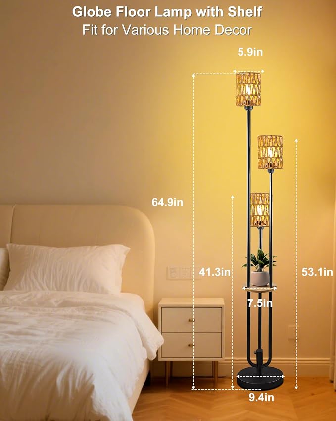 Lightdot Dimmable Boho Floor Lamps for Living Room 3-Lights 3000K Rattan Floor Lamp with Shelves Farmhouse Floor Lamp Rustic Black Standing Lamp with 5Lbs Heavy Base for Sofa Beside/Corner Decor