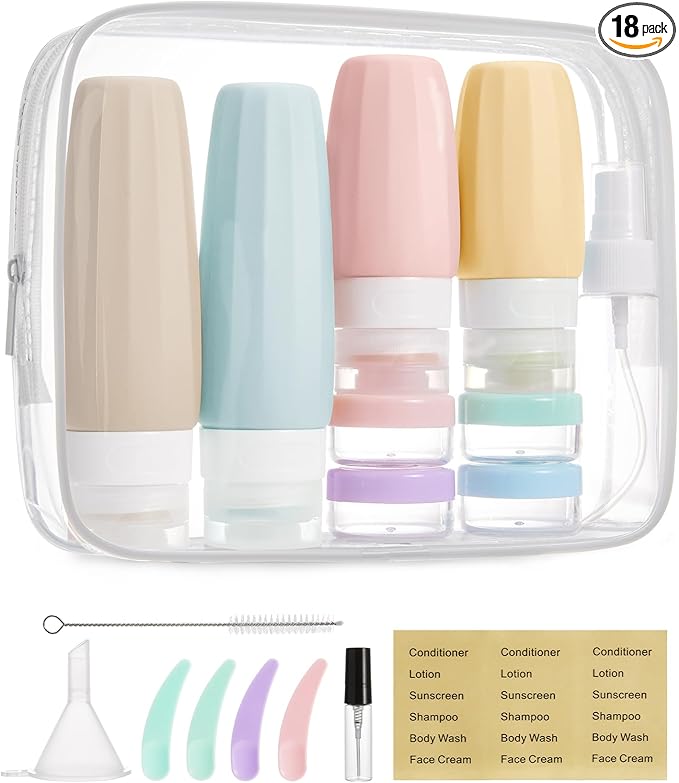 BAGSMART 18 Pack TSA Approved Travel Bottles for Toiletries, Leak Proof Silicone Travel Size Containers Bottles for Shampoo, Soft Pastel