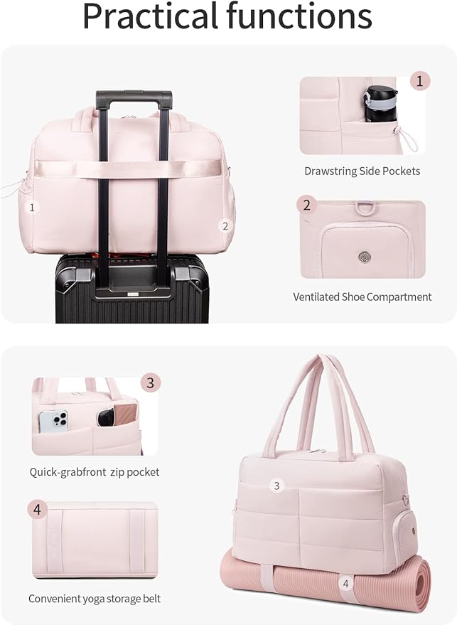 Gitus Carry On Duffle Gym Bag for Women Puffer Weekender Overnight Duffel Bag for Travel with Clear Toiletry Pouch Sport Yoga Fitness Essentials Gifts (Lightpink)