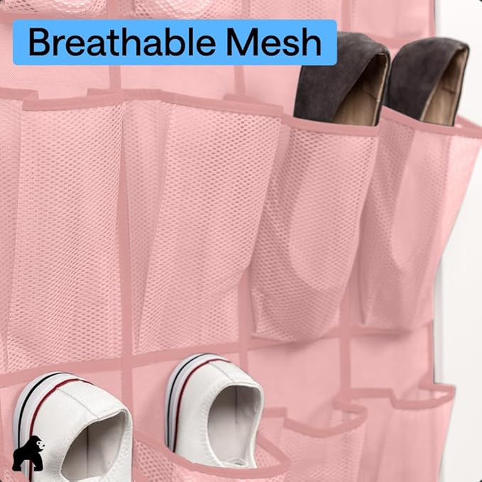 GORILLA GRIP Over the Door Shoe Organizer, 24 Large Breathable Mesh Pockets, Space Saving Hanging Storage Holder, Closet Rack Hanger Holds Up to 40 lbs, Hangs on Closets for Shoes, Accessories, Pink