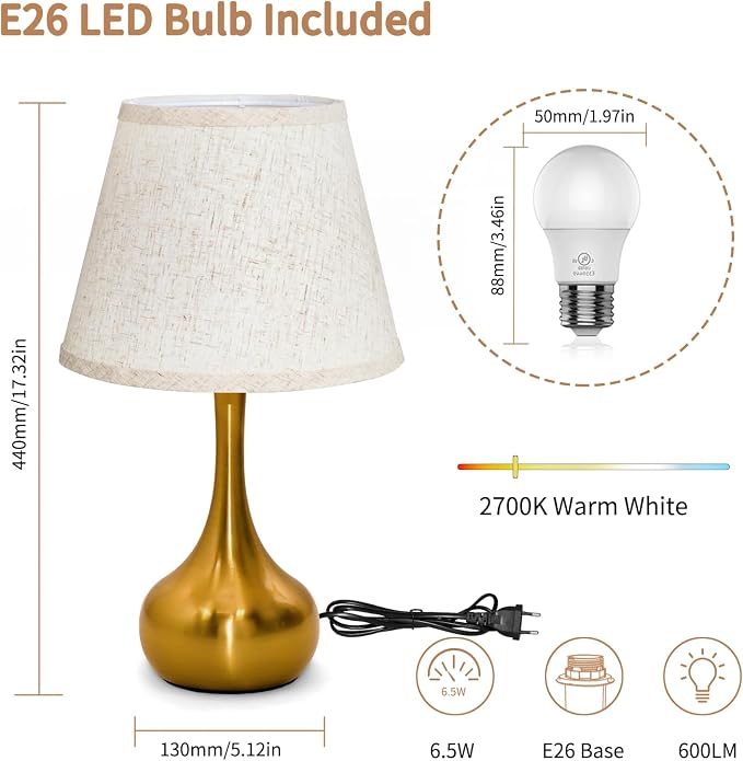 ONEWISH Touch Table Lamp for Bedroom, 3-Way Dimmable Gold Bedside Lamps for Nightstand with Fabric Shade, Desk Lamp for Kids Reading, Home Office