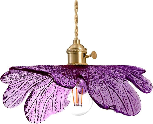 Modern Pendant Light for Dining Room, Purple Glass Leaf Shade | Mid Century Pendant Lights For Ceiling, Brass E26 Base, Gold Hanging Lamp Adjustable Height Vintage kitchen island Lighting