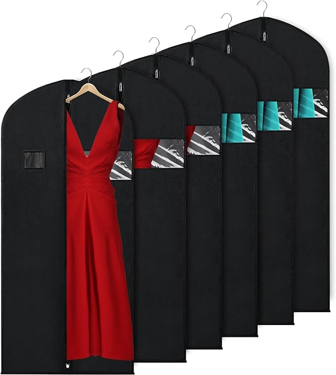 KEEGH Garment Bags for Hanging Clothes 60" (Set of 6) Dress Bags for Gowns Long Dress Bags for Closet Storage with Zipper and Eye-Hole for Folding for Suit Coats Dresses, Black