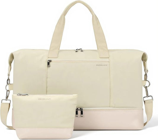 Oeihuivt Weekender Bags for Women - 21 Inch Large Travel Duffel Bag 2-Piece Set with Shoe Compartment, Heavy-Duty Canvas Leather Carry On Overnight Tote
