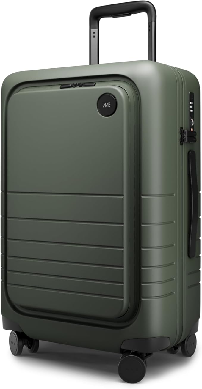Monos Carry-On Pro Plus Luggage (23"), Hardside Spinner Suitcase with TSA Lock & Front Pocket, Airline Approved, Olive Green