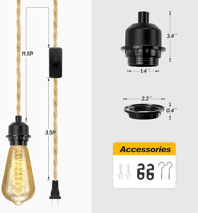 LYOOWNG Plug in Pendant Light Cord, Farmhouse Hanging Lights with Plug in Cord, 15FT Hemp Rope Plugin Hanging Light Cord Kit with On/Off Switch, E26 E27 Light SocketCord, Bulb NOT Included