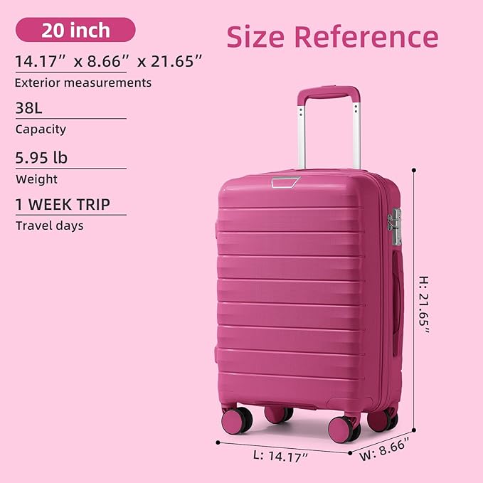 LARVENDER Carry On Luggage 22x14x9 Airline Approved, 20 Inch Hardshell & Lightweight PP Travel Carry On Suitcase for Women with Spinner Wheels TSA Lock, Magenta