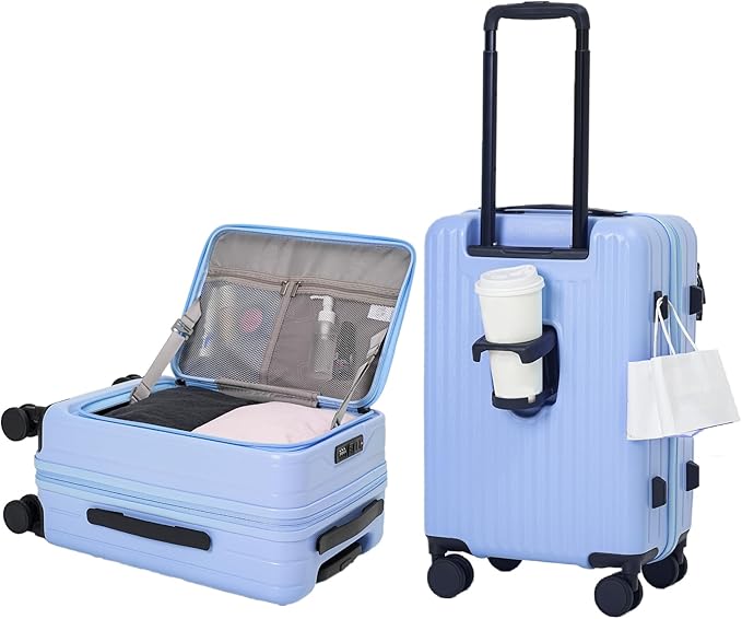 20 Inch Top Opening Carry On Luggage 22x14x9 Airline Approved Expandable With Spinner Wheels & Cup Holder,PC Hard Shell Lightweight Small Shitcase With Tsa Approved For Travel Women Men,Blue
