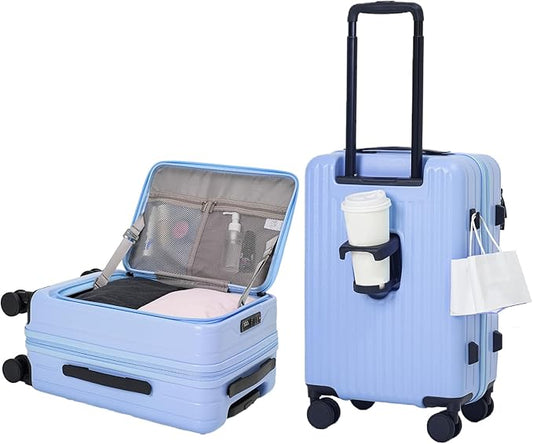 20 Inch Top Opening Carry On Luggage 22x14x9 Airline Approved Expandable With Spinner Wheels & Cup Holder,PC Hard Shell Lightweight Small Shitcase With Tsa Approved For Travel Women Men,Blue