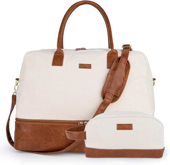 MyMealivos Canvas Weekender Bag for Women, Large Overnight Travel Carry on Duffel with Shoe Compartment & Toiletry Bag, Durable & Dirt-Resistant Personal Item Bag for Airplanes, Luggage Sleeve