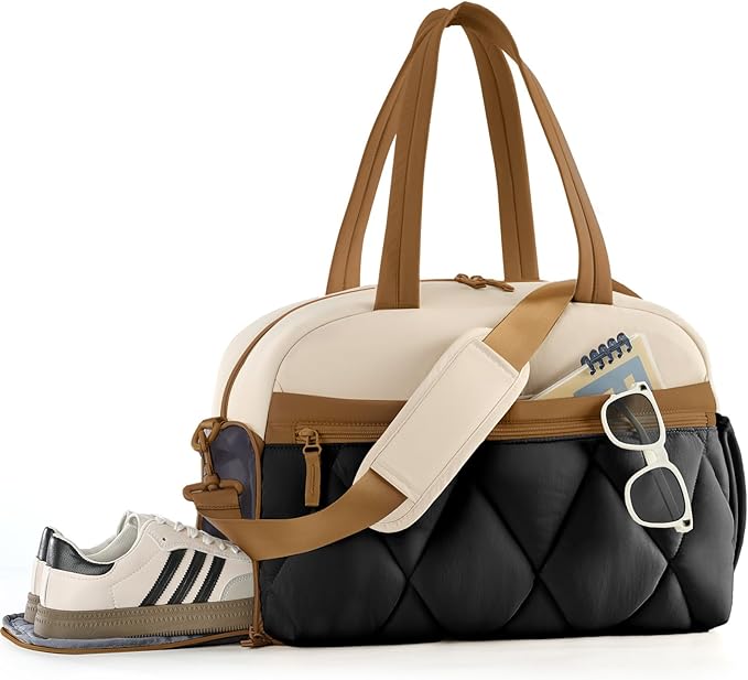 Gym Bag for Women, Puffer Travel Duffle Bag With Shoes Compartment & Wet Pocket, Carry On Tote Bag For Weekender, Overnight, Sport (Beige & Brown, Large)