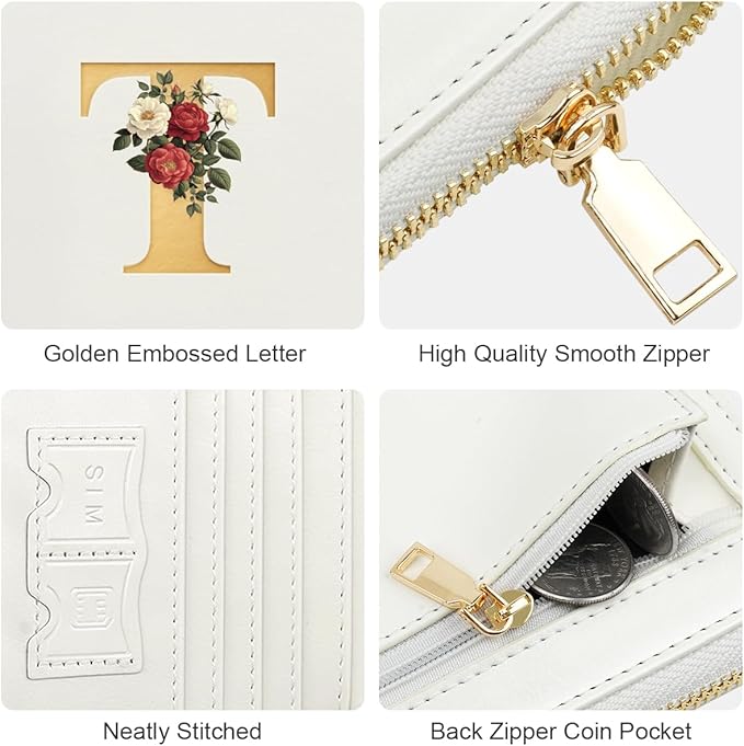 Passport Holder for Travel Personalized Passport Holder Initial Letter Rose Flower RFID Blocking Travel Wallets Credit Cards Holder for Women Men, White T
