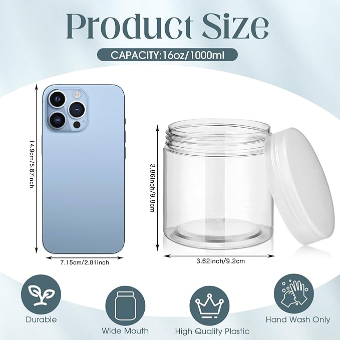 Patelai 4 Pieces Round Wide-mouth Leak Proof Plastic Container Jars with Lids for Travel Storage Makeup Beauty Products Face Creams Oils Salves Ointments DIY Making(16 Ounce,Clear)