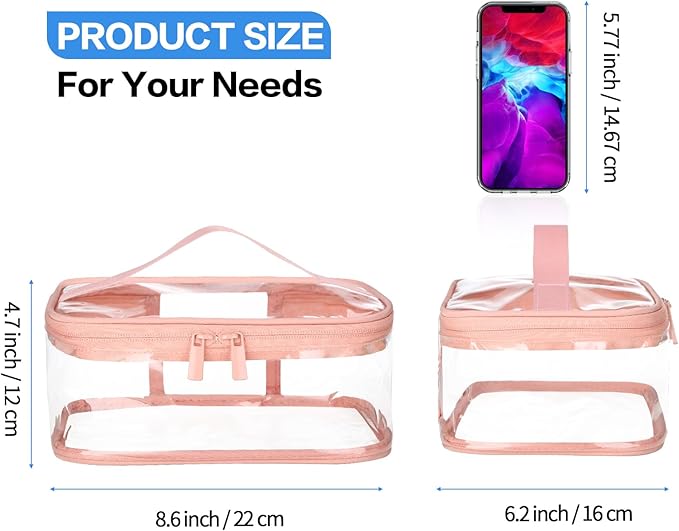 HAOGUAGUA 2 Pieces Clear Makeup Bags Cosmetic Toiletry Bags for Traveling, Waterproof Travel Transparent TSA APPROVED Carry On Airport Airline Compliant Bag (2 PIECES PINK)