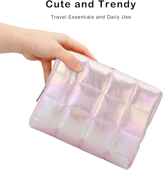 E-Tree Cute Makeup Bag,Quilted Cosmetic Bag,Make up Pouch for Purse,Toiletry Zipper Pouch,Checkered Bag,Travel Case,Storage Pouches for Organization (Dazzling Pink)