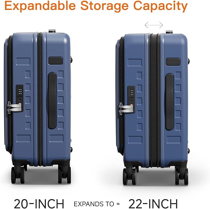 Expandable Lightweight PC Hard Shell Suitcase, 20-inch Luggage with TSA Lock, Top Opening & Cup Holder - Ideal for Business Travel Suitcase (Blue, Carry-on 20-Inch)