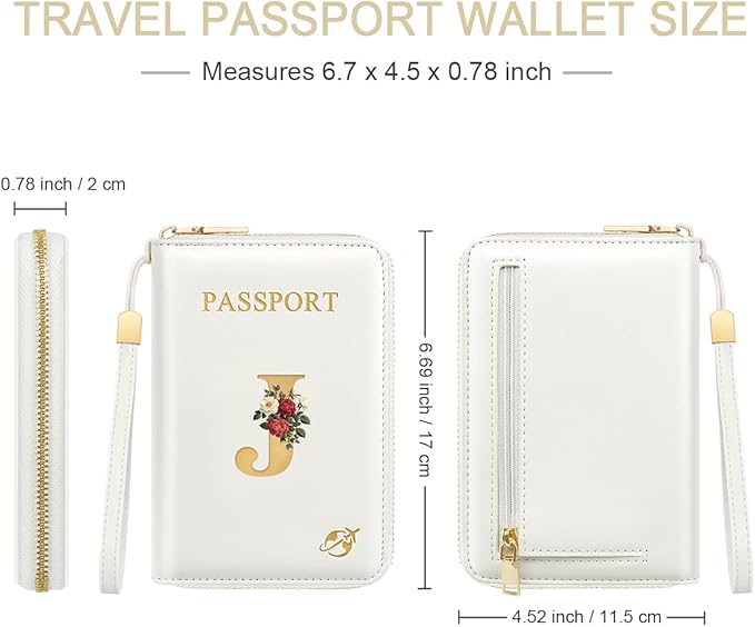 Passport Holder for Travel Personalized Passport Holder Initial Letter Rose Flower RFID Blocking Travel Wallets Credit Cards Holder for Women Men, White J