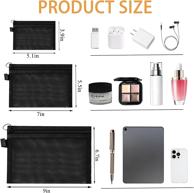 3 Pcs Mesh Zipper Pouch Makeup Bags Set, Portable Mesh Cosmetic Bag Travel Toiletry Storage Bags Pencil Purse Organizer Pouches for Home Office Daily or Traveling Accessories Keep Small Items(Black)