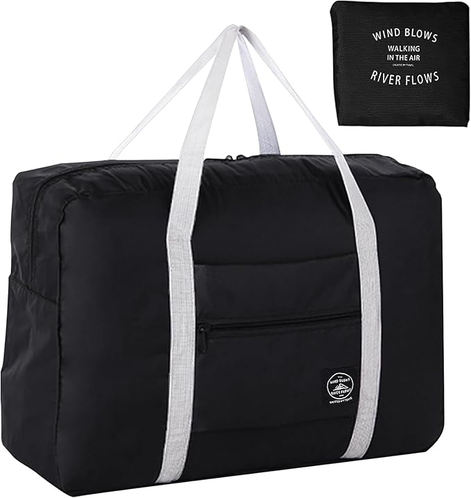 INVODA Travel Bag Carry on Luggage Foldable Duffel Bag Sports Gym Bag Weekender Overnight Bag Water Resistant Nylon Travel Duffel for Men Women (Black)