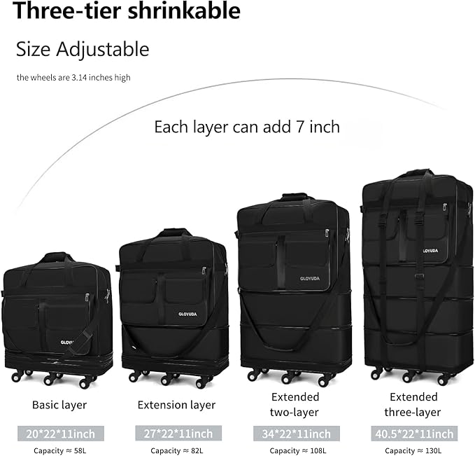 130L Expandable Luggage, 40 Inch Suitcase with Wheels, Collapsible Luggage with Wheels, Rolling Duffle Bag with wheels, Foldable Suitcasewith2Handle Wrap 2Fixing Straps 1Shoulder Strap (Black)
