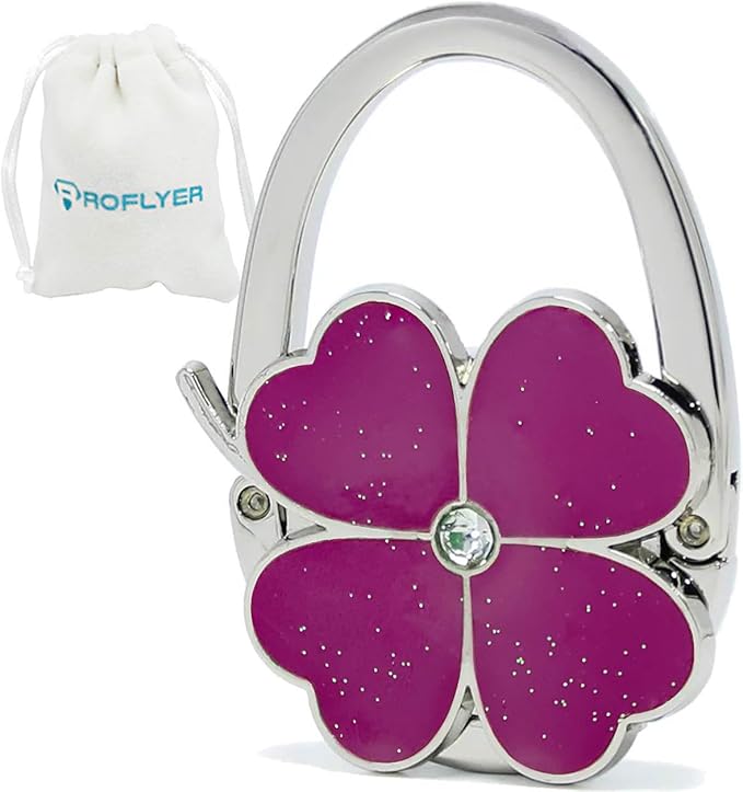 ROFLYER Four Leaf Clover Design Foldable Handbag Hanger Folding Purse Table Hook Holder (Purple)
